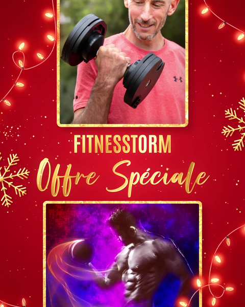 Visuel festif mettant en avant des haltères réglables avec l’annonce “Jusqu’à -33% + Livraison Gratuite pendant les fêtes”. Les haltères sont mis en avant comme un équipement compact et polyvalent. Un appel à visiter fitnesstorm.fr  est affiché pour découvrir les offres.
