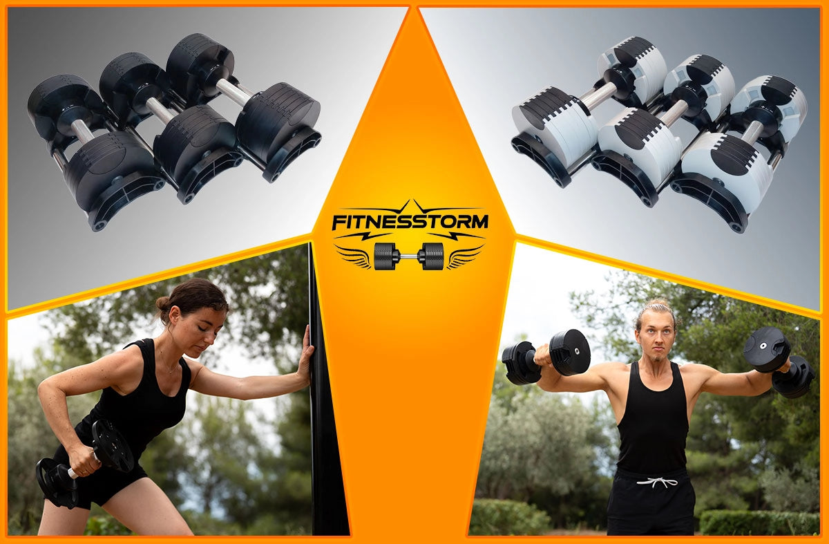 Image promotionnelle FitnesStorm avec trois haltères réglables noirs et trois gris de différents poids, accompagnée de Savéria et Marian en pleine démonstration d’exercices, mettant en avant la diversité des produits, leur adaptabilité et l’identité visuelle de la marque.