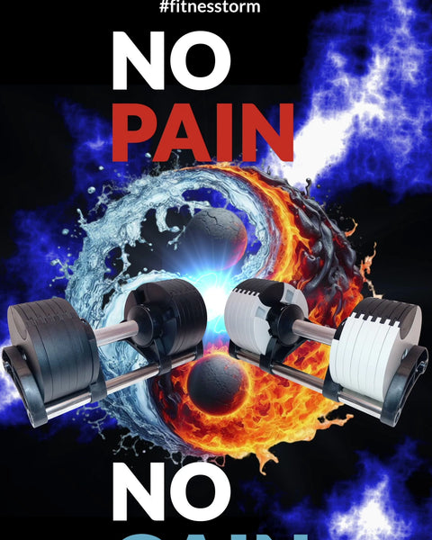 Des haltères réglables Fitnesstorm en noir et gris, disponibles en 16, 20 et 24 kg. 
"No Pain No Gain". 
Visuel inspirant qui met en avant la puissance et la progression grâce à un équipement polyvalent.