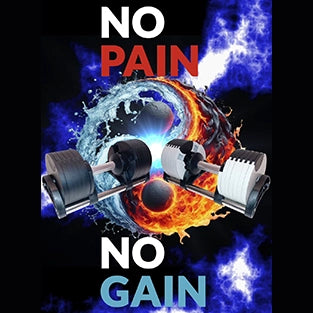 Des haltères réglables Fitnesstorm en noir et gris, disponibles en 16, 20 et 24 kg. 
"No Pain No Gain". 
Visuel inspirant qui met en avant la puissance et la progression grâce à un équipement polyvalent.