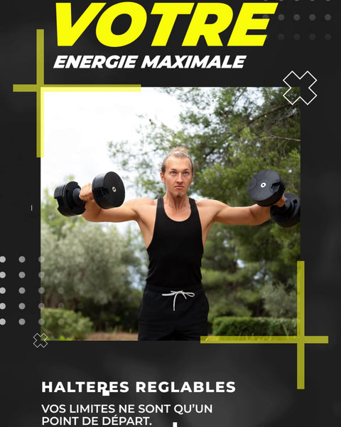 Haltères réglables Fitnesstorm, "Libérez votre énergie maximale". 
Visuel mettant en avant la force et la progression.