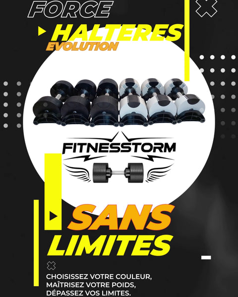 Des haltères réglables Fitnesstorm en noir et gris, disponibles en 16, 20 et 24 kg. 
"Force, Haltère, Évolution, Sans limites. Choisissez votre couleur, maîtrisez votre poids, dépassez vos limites."