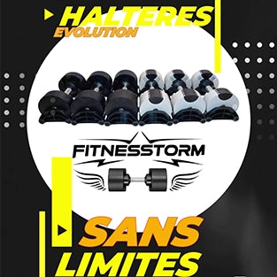 Des haltères réglables Fitnesstorm en noir et gris, disponibles en 16, 20 et 24 kg. 
"Force, Haltère, Évolution, Sans limites. Choisissez votre couleur, maîtrisez votre poids, dépassez vos limites."