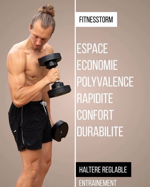Des haltères réglables en noir et gris, disponibles en 16, 20 et 24 kg. "Optimisation, Économie, Polyvalence, Rapidité, Confort, Durabilité. L’équipement pensé pour votre évolution. Un seul accessoire, des possibilités infinies."