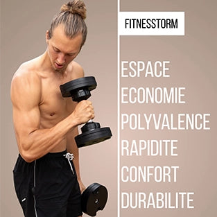 Des haltères réglables en noir et gris, disponibles en 16, 20 et 24 kg. "Optimisation, Économie, Polyvalence, Rapidité, Confort, Durabilité. L’équipement pensé pour votre évolution. Un seul accessoire, des possibilités infinies."