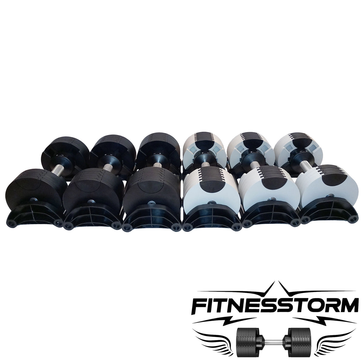 Photo de six haltères réglables FitnesStorm, trois noirs et trois gris de différents poids, illustrant la diversité de la gamme proposée par la marque pour répondre à tous les niveaux et styles d’entraînement.