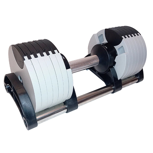 Haltère réglable de 24 kg couleur gris, compact et robuste, vendu par FitnesStorm pour l’entraînement à domicile.