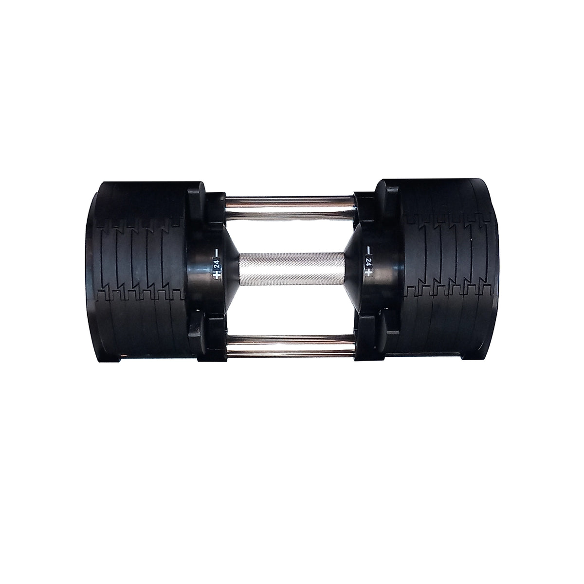 Haltère réglable noir vu de dessus dans son support, illustrant la compacité, le gain de place et le système de réglage rapide pour l’entraînement à domicile.