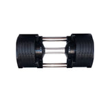 Haltère réglable noir vu de dessus dans son support, illustrant la compacité, le gain de place et le système de réglage rapide pour l’entraînement à domicile.