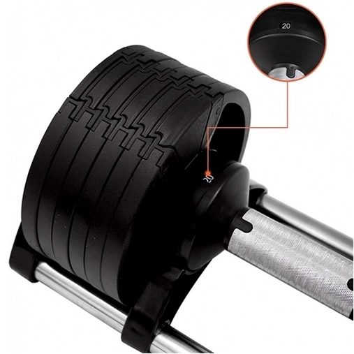 Haltère réglable FitnesStorm avec affichage clair du poids sélectionné, illustrant la facilité d’ajustement et le changement rapide de charge, idéal pour des entraînements variés sans perte de temps.