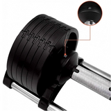 Haltère réglable FitnesStorm avec affichage clair du poids sélectionné, illustrant la facilité d’ajustement et le changement rapide de charge, idéal pour des entraînements variés sans perte de temps.