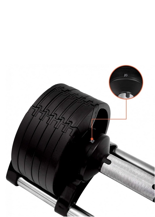 Haltère réglable FitnesStorm avec affichage clair du poids sélectionné, illustrant la facilité d’ajustement et le changement rapide de charge, idéal pour des entraînements variés sans perte de temps.