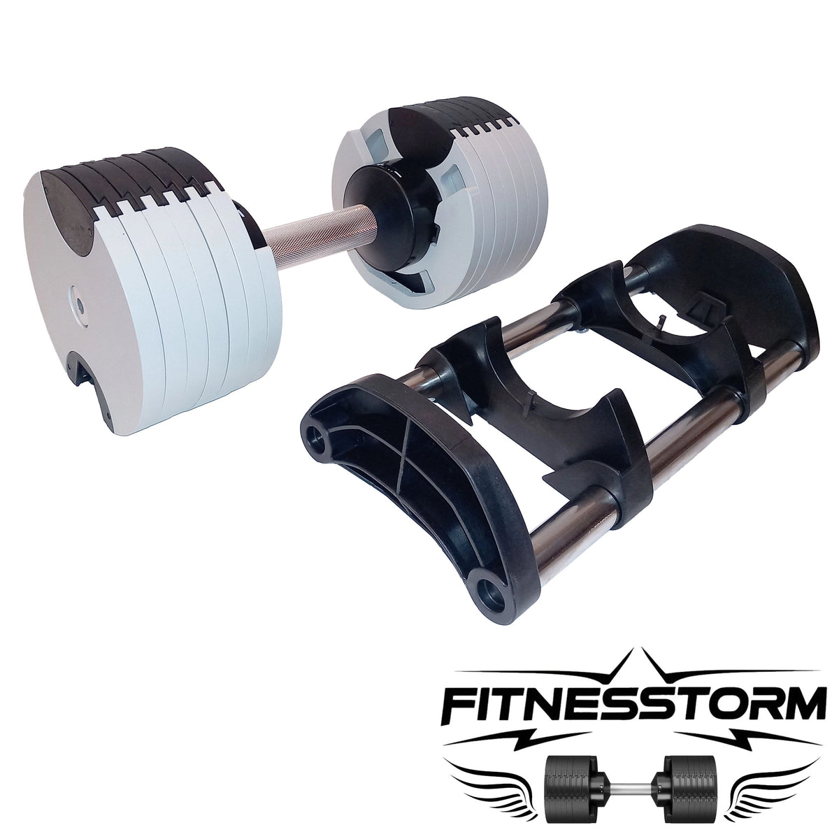 Haltère réglable gris FitnesStorm posé à côté de son support, illustrant un design compact, élégant et fonctionnel, idéal pour optimiser l’espace et faciliter l’entraînement à domicile.