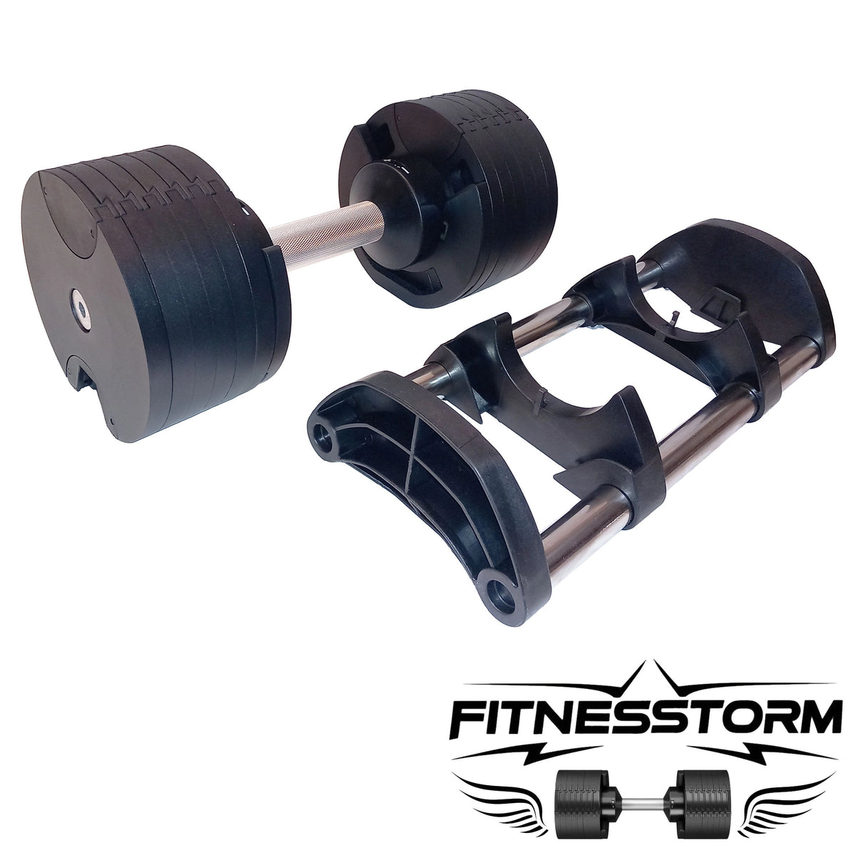 Haltère réglable noir FitnesStorm posé à côté de son support, illustrant un design compact, élégant et fonctionnel, idéal pour optimiser l’espace et faciliter l’entraînement à domicile.