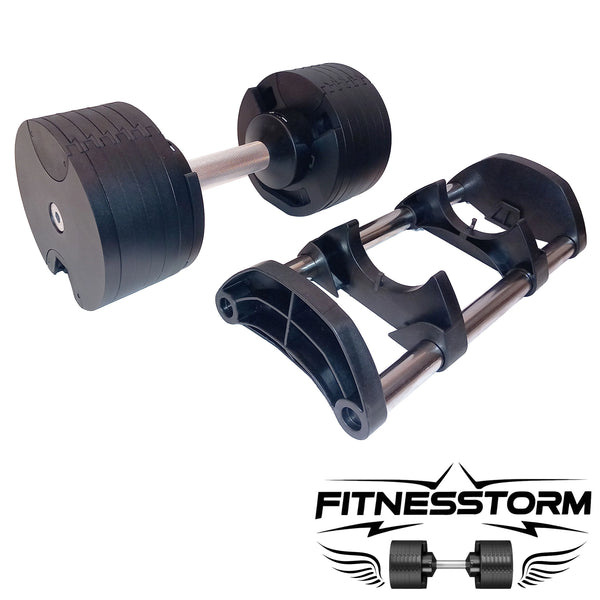 Haltère réglable noir FitnesStorm posé à côté de son support, illustrant un design compact, élégant et fonctionnel, idéal pour optimiser l’espace et faciliter l’entraînement à domicile.