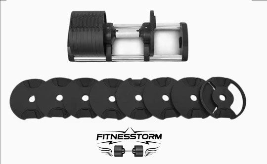 Haltère réglable FitnesStorm avec ses différents poids étalés, illustrant une polyvalence maximale adaptée à tous les niveaux, du débutant à l’expert, avec ajustement précis selon l’intensité souhaitée.