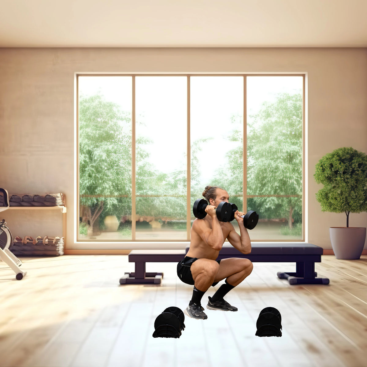 Exercice de squat avec haltères dans une salle de sport lumineuse, montrant l’usage réel du matériel réglable Fitnesstorm.